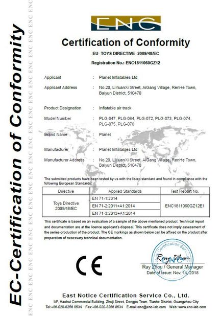 Porcellana Guangzhou Planet Inflatables Ltd. Certificazioni