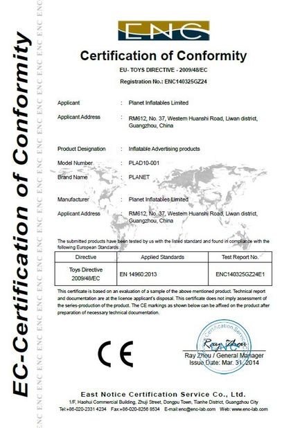 Porcellana Guangzhou Planet Inflatables Ltd. Certificazioni